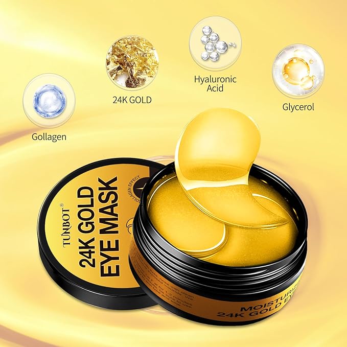 TUNBOT Under Eye Patches-24k Gold Eye Mask Pads - 60 Pieces, Collagen Hyaluronic Acid Eye Mask, Anti-Aging, Reduce Dark Circles, Puffiness and Wrinkles, For Men and Women