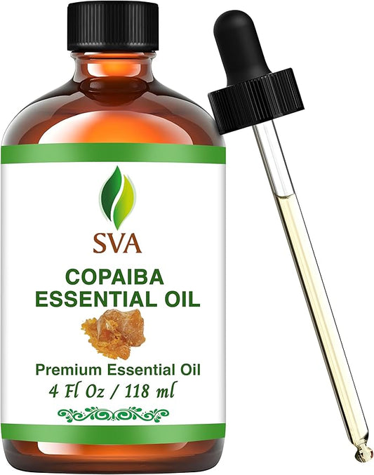 SVA Copaiba Essential Oil – 4 Fl Oz – 100% Natural Copaiba Oil - for Diffuser, Hair Care, Face, Skin Care, Aromatherapy, Scalp and Body Massage, Soap and Candle Making – with Dropper