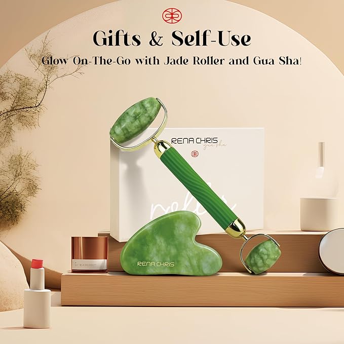 Rena Chris Gua Sha and Face Roller Set: Anti-Breakage Jade Roller for Long-Lasting Use, Jawline Sculpting and Puffiness Reducing, Gua Sha Facial Tools for Self Care Gift (Green)