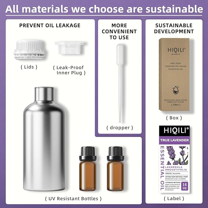 HIQILI 16 Ounces Lavender Essential Oil Pure, 100% Natural for Aromatherapy Diffuser, Skin Care, Hair, Includes Premium Glass Dropper-16 Fl Oz