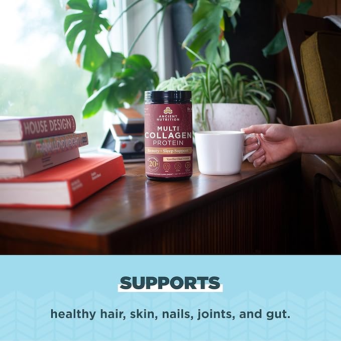 Ancient Nutrition Collagen Powder Protein, Multi Collagen Protein Beauty + Sleep with Vitamin C, Vanilla Chai, Hydrolyzed Collagen Peptides Supports Skin and Nails, Sleep, 16.1oz