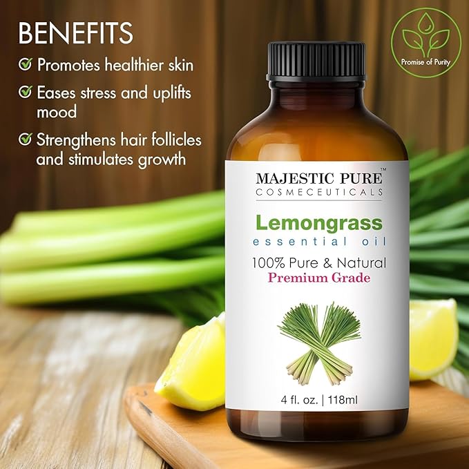 MAJESTIC PURE Lemongrass Essential Oil | 100% Pure and Natural Oil | Premium Grade Essential Oils for Hair Care, Home Diffusers, Skin, Aromatherapy, Massage and Humidifiers | 4 Fl Oz (Pack of 2)