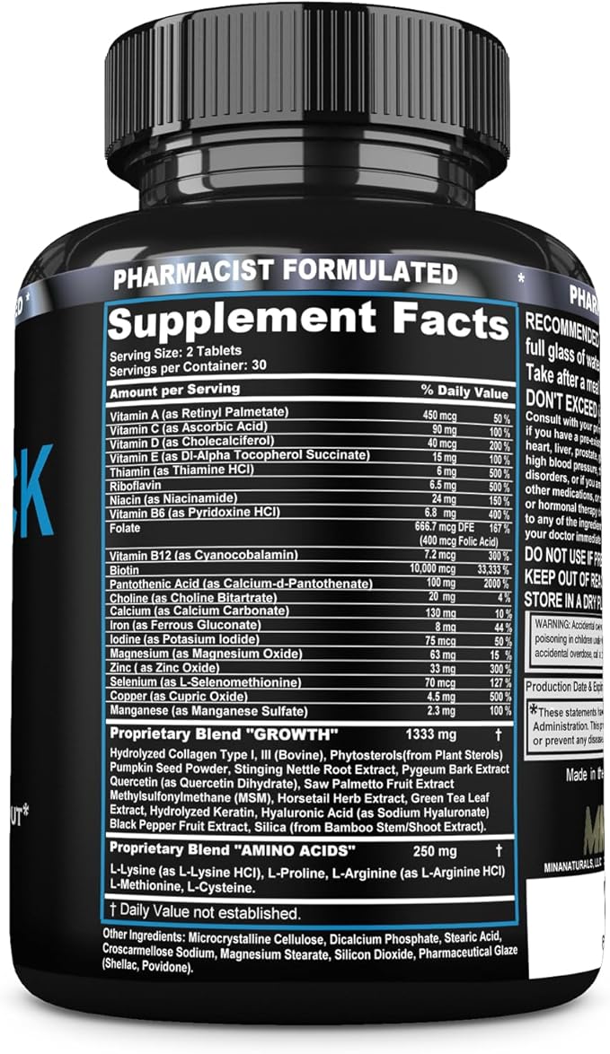 BEARDY Thick Beard Growth Vitamins for Men, B7 Biotin 10000 mcg, Keratin, Collagen, Silica, and 36 More. Grow Beard Thicker, Stronger. Facial Hair Growth Treatment. 60 Tablets