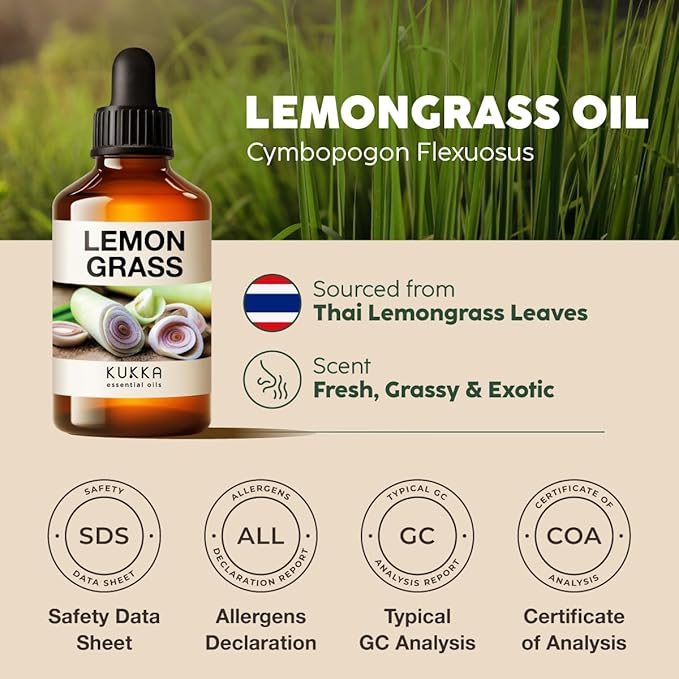 Kukka Lemongrass Essential Oil for Skin, Diffuser & Hair - 4 Fl Oz - 100% Pure Natural, Cleansing & Nourishing, Herbaceous Scent for Aromatherapy & Soap Making Scent DIY