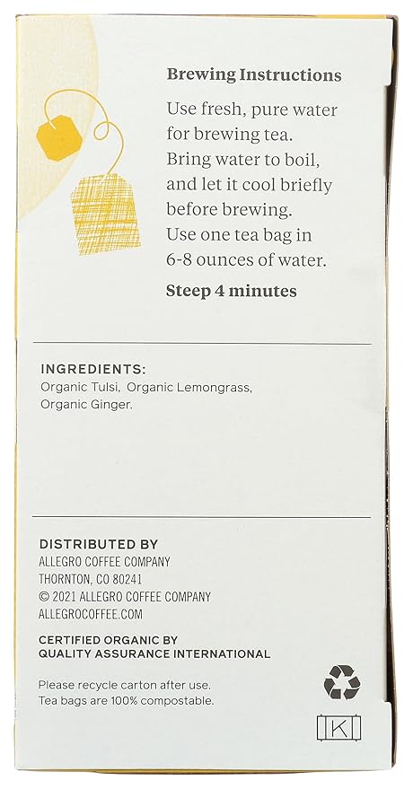 Allegro Tea, Organic Lemon Ginger Tulsi Tea Bags, 20 ct