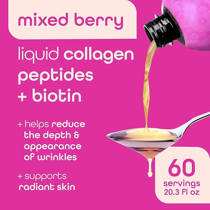 Liquid Collagen Peptides and Biotin, 2500mg Verisol Bioactive Collagen Peptides, 5000mcg Biotin, Hair, Skin, Nail Supplement for Women and Men, Mixed Berry, 60 Servings, 20.3 fl oz