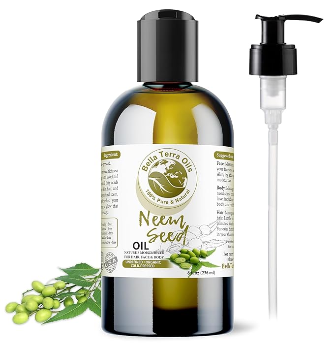 Bella Terra Oils - Organic Neem Seed Oil 8oz - Embrace Organic Neem's Richness, Packed with Azadirachtin & Nimbolide, Elevate Your Skin's Natural Glow