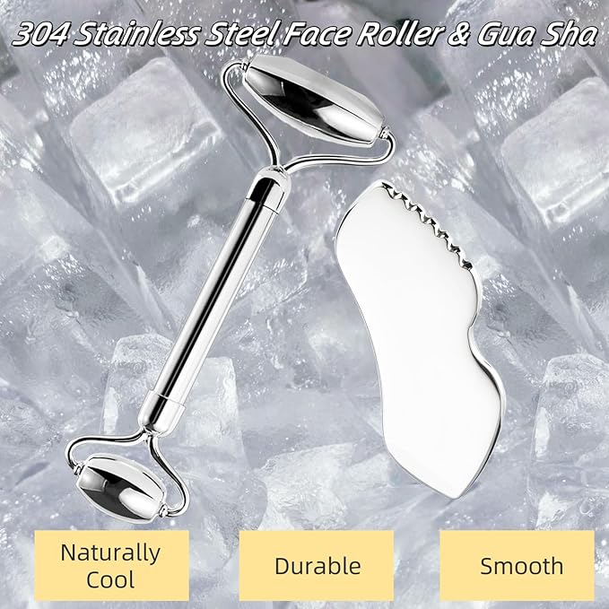 Face Roller & Gua Sha Tool, Stainless Steel Facial Roller and Guasha Tools Skin Care Roller for Wrinkles and Lifting, Improve Puffiness, Metal Face Massager for Eyes, Neck Tighten（2 Pack