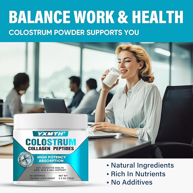 Premium Bovine Colostrum & Collagen Powder - Gut Repair, Immune Boost, Hair Growth & Beauty Support with IgG, Probiotics, and Vitamins B12/C/D3 - Sugar-Free, Gluten-Free, Fat-Free (60 Servings)