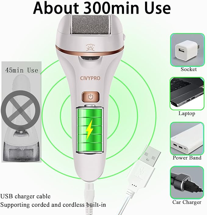 Electric Foot Callus Remover- Long Service Time, Rechargeable Electronic Foot File- Ideal Gift, Professional Pedicure Tools, Waterproof Foot Scrubber, Pedicure Kit Feet Care for Dead Skin (White)