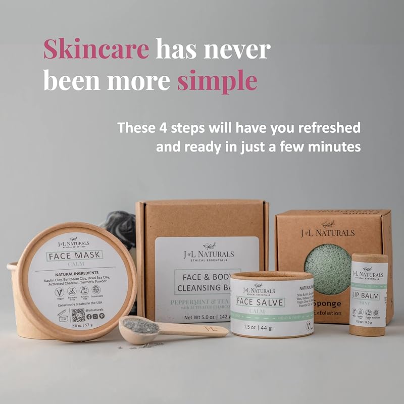 J&L Naturals Simple Skin Regimen Kit With Cleansing Bar, Face Salve, Konjac Sponge, Lip Balm | For Sensitive and Acne-Prone Skin | Zero Waste (Calm (sensitive, acne-prone skin), Exceptional)