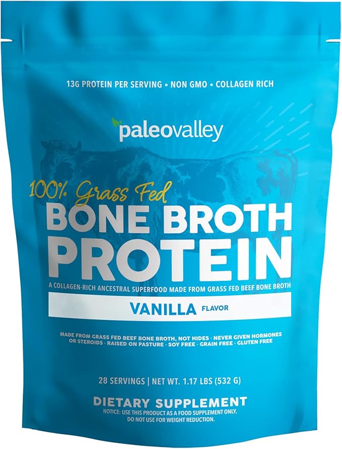 Paleovalley 100% Grass Fed Bone Broth Protein Powder - Vanilla - Rich in Collagen for Hair, Skin, Gut Health, Bone and Joint Support - 28 Servings