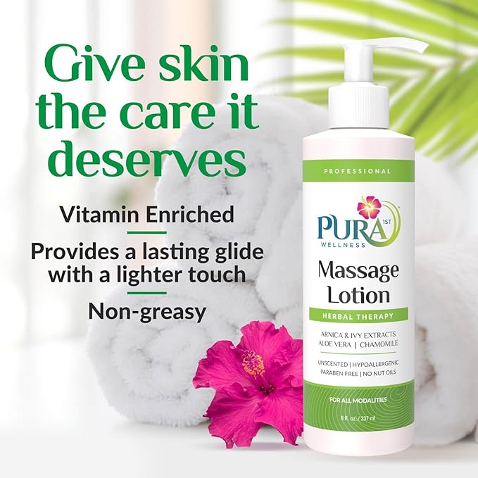 Herbal Massage Lotion, Hypoallergenic Formula for Muscle Relief, Professional Deep Tissue Therapy, Pura Wellness Herbal Lotion, Unscented Massage Lotion for Physical Therapy and Recovery, 8oz