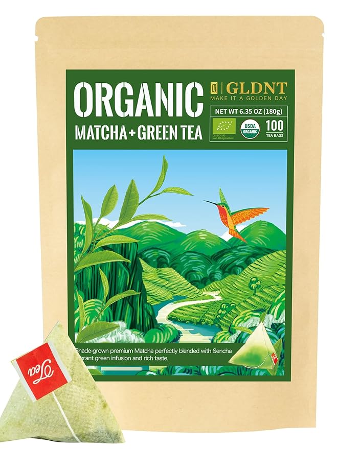 GLDNT Organic Matcha Green Tea Bags, Premium Organic Japanese Matcha + Sencha Green Tea, Rich in Antioxidants, Caffeinated, 100 Count