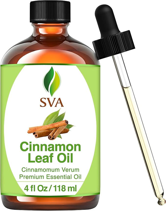 SVA Cinnamon Leaf Essential Oil – 4 Fl Oz – 100% Natural Cinnamon Oil - for Diffuser, Hair Care, Face, Skin Care, Aromatherapy, Scalp and Body Massage, Soap and Candle Making – with Dropper