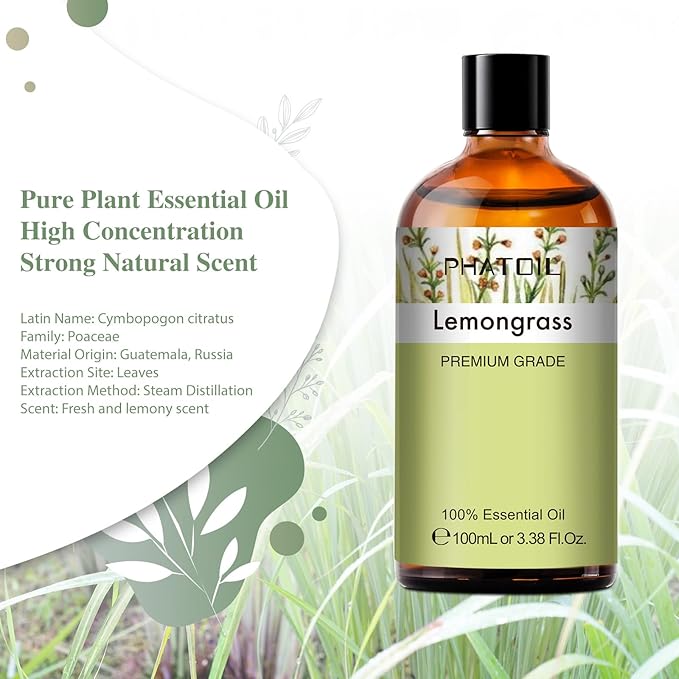 100ML Lemongrass Essential Oil, 3.38FL.OZ Essential Oils for Diffuser, Humidifier, Relax, Aromatherapy, Lemongrass Oil Scented Oils for Soap, Candle Making
