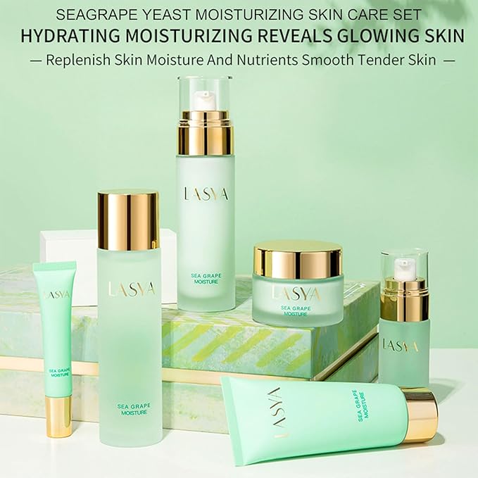 Sea Grape Skincare Set, 6-In-1 Skincare Gift Set With Facial Cleanser, Toner, Serum, Eye Cream, Lotion & Cream, Moisturizing Skin Care Kit For Women