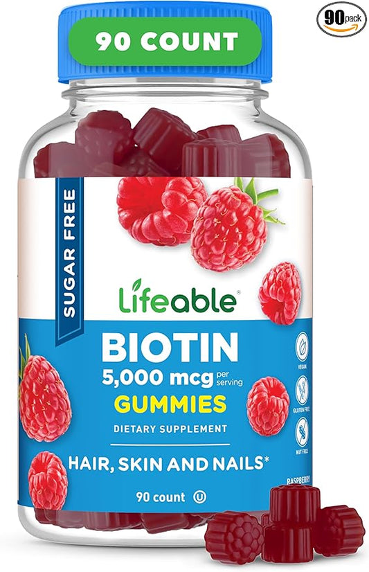 Lifeable Sugar Free Biotin Gummies | 5000mcg Vitamin B7 | Great Tasting Biotin Supplement | for Hair Growth, Skin and Nail Health | Hair Supplement for Women, Men, Adults | 90 Gummies
