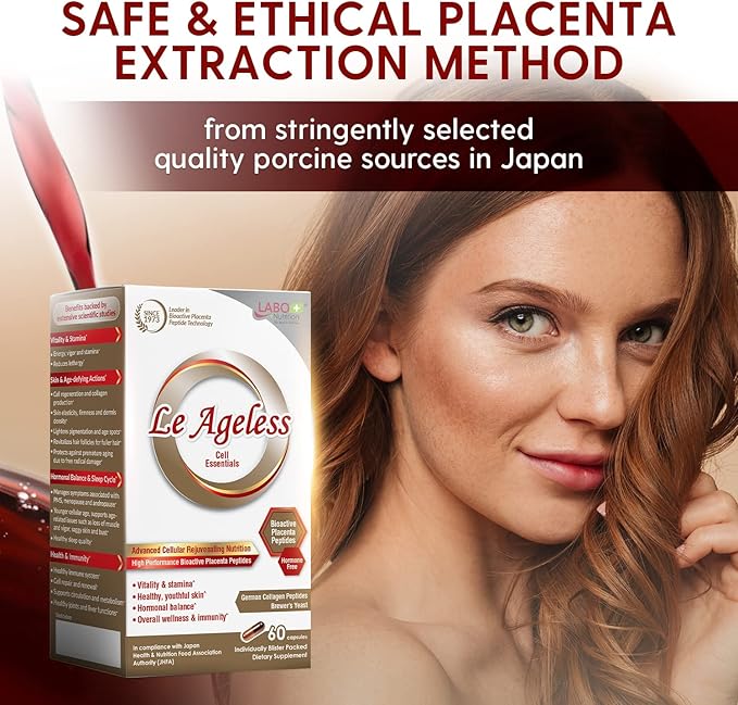 LABO Nutrition Le Ageless – Placenta Cell Rejuvenating Therapy from Japan – Enhanced with Collagen Peptide and Brewer’s Yeast to Supports Immune Health, Skin Regeneration, Anti-Aging – 60 Capsules