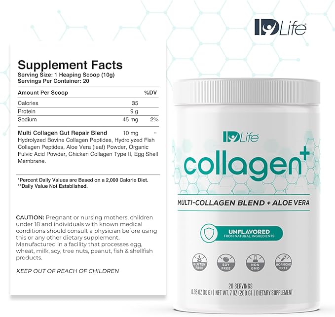 IDLife Collagen+ Powder Drink - Multi-Collagen Blend with Fulvic Acid & Aloe Vera - for Healthy Hair, Skin, Nails, Joints & Gut - 20 Servings / 200g