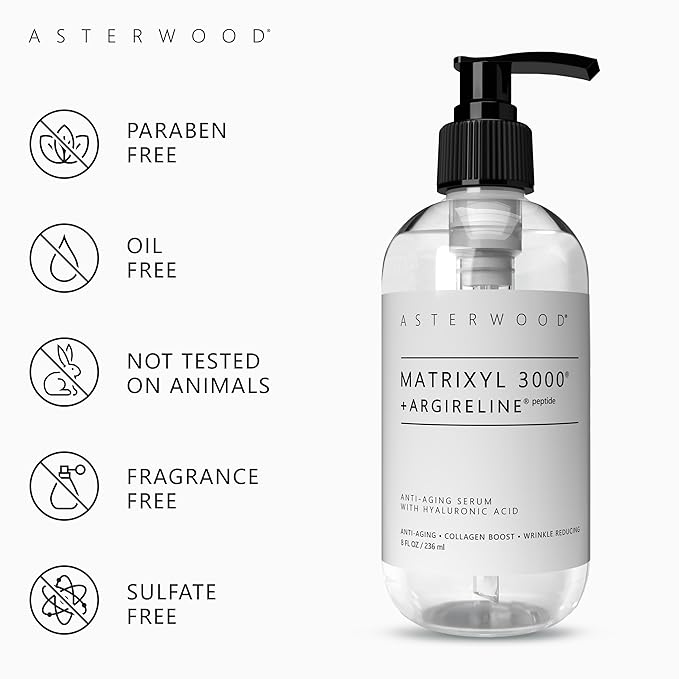Asterwood Matrixyl 3000 + Argireline Serum with Hyaluronic Acid - Anti-Aging, Wrinkle Reducing, Collagen Boosting - Fragrance-Free - 8 Fl Oz