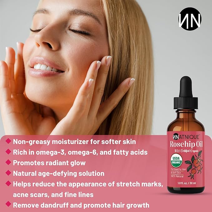 Rosehip Seed Oil Organic 1oz, USDA Certified, 100% Pure Rosehip Oil for Face, Hair & Skin. Cold Pressed Natural Moisturizer for Hair, Skin Scalp & Nails. Ideal to use for Gua Sha Massage.