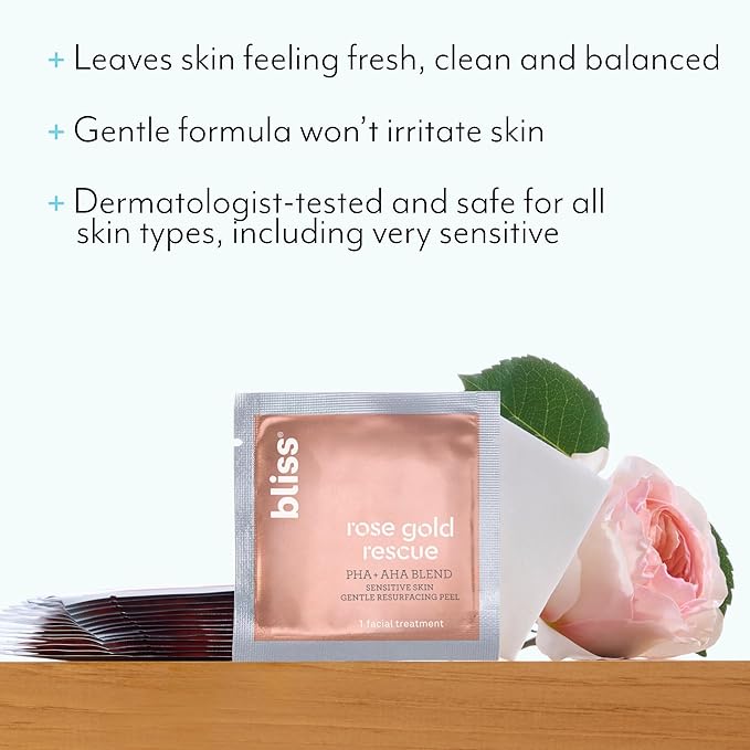 Bliss Rose Gold Rescue Daily Peel - 15 ct | Vegan & Paraben-Free | 8% PHA + AHA Blend for Sensitive Skin | Targets Dull Skin, Wrinkles, Enlarged Pores, Uneven Tone & Texture