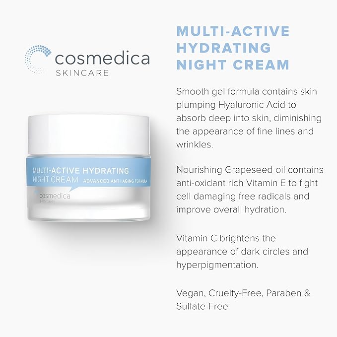 Cosmedica Skincare Multi-Active Hydrating Night Cream - Revitalizing Overnight Moisturizer & Anti-Aging Cream for Face and Neck with Hyaluronic Acid, Organic Shea, Glycolic Acid and Vitamin E 2 oz