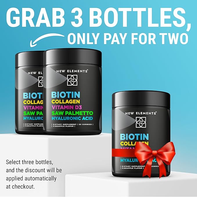 Biotin Gummies with Collagen Vitamin D3 Saw Palmetto & Hyaluronic Acid for Hair Skin and Nails, Hair Growth Supplement for Men & Women | Non-GMO | Gluten-Free | Natural Pineapple Flavor