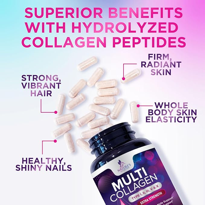 Collagen Peptides for Women & Men - Type I, II, III, V, X Multi Collagen Pills, Hydrolyzed Collagen Peptides Supplements, Nature's Hair, Skin, Nail, and Joint Support Supplement, Non-GMO, 240 Capsules