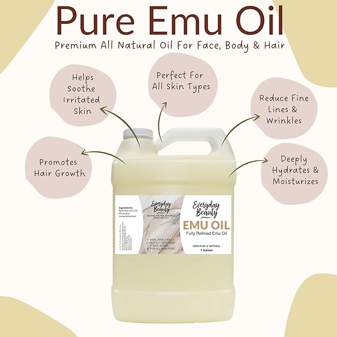 Emu Oil Bulk - 1 Gallon Pure & All Natural Refined Australian Emu Oil for Face, Skin and Hair - Great for Sensitive Skin and Hair Growth - For Scars and Piercings - High in Omega 3,6 and 9 Fatty Acids