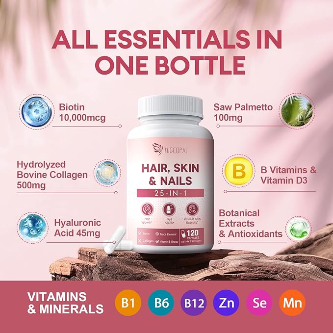 Hair Skin and Nails Vitamins with Biotin, Collagen & Hyaluronic Acid, Supports Healthy Hair Growth, Strong Nails & Glowing Skin, Biotin Supplement with Vitamins A, C, D3, E, B Complex & Minerals