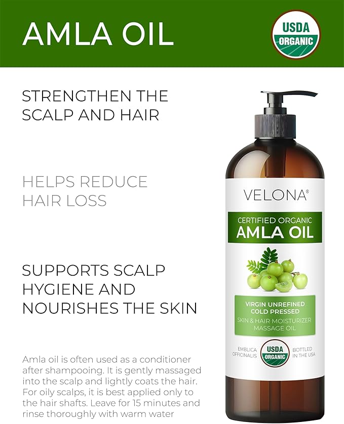 velona Amla Oil USDA Certified Organic - 16 Fl Oz | 100% Pure and Natural Carrier Oil | Extra Virgin, Unrefined, Cold Pressed