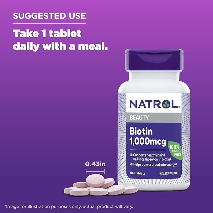 Natrol Beauty Biotin 1000mcg, Dietary Supplement for Healthy Hair, Skin, Nails and Energy Metabolism, 100 Tablets, 100 Day Supply