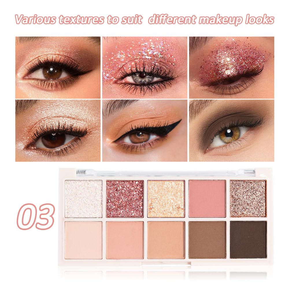Ten Color Matte Shimmer Eyeshadow Makeup Palette,White Rose Gold Yellow Grapefruit Champagne Gold Nude Light Brown Dark Brown Black 10 Color Powder Eye shadow,Makeup Eyeshadow,Vegan & Cruelty-Free 03#