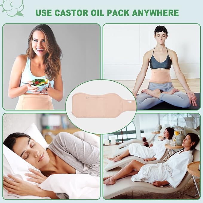 DEROWN Castor Oil Packs for Liver Detox, Less Mess Made of Organic Cotton Flannel & Waterproof PUL, Reusable Massage Castor Oil Pack Kit with Anti Oil Leak Design (Oil Not Included)