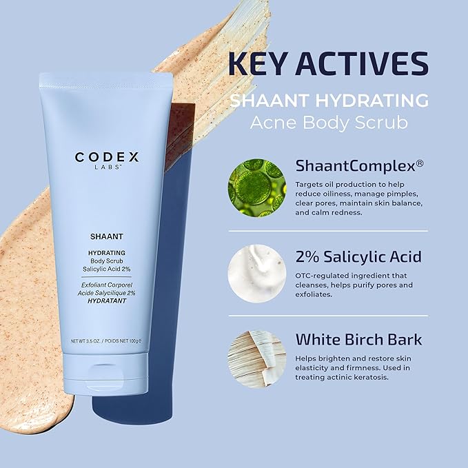 Codex Labs Shaant Hydrating Acne Body Scrub - Oil Control Exfoliator - For Acne Prone Skin, All Skin Types - With 2% Salicylic Acid, White Birch Bark - Cruelty-Free, Vegan Skincare (100g)