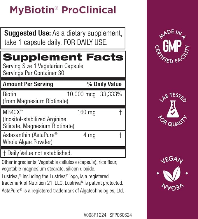 Purity Products MyBiotin ProClinical – Thicker Hair Starting in 3 Weeks & Fights Wrinkles - MB40X Patented Biotin Matrix w/Astaxanthin - 40X More Soluble vs Ordinary Biotin 30 Veg Cap