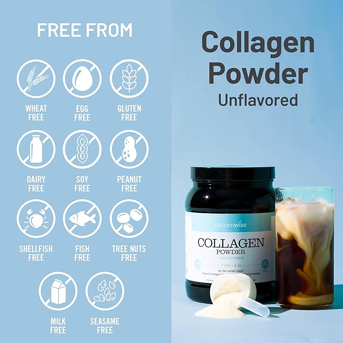 NatureWise Collagen Peptides Powder with Hyaluronic Acid and Vitamin C - Unflavored Collagen Peptides for Women & Men - Type I & III for Hair, Skin & Nails - Sugar, Gluten & Dairy Free - 30 Servings