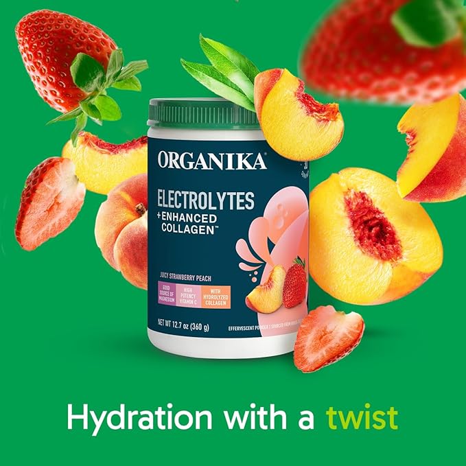 Organikа Electrolytes with Enhanced Collagen Powder for Women & Men - 360g - Strawberry Peach-Flavored Effervescent Electrolyte & Collagen Drink Mix - Deep Hydration, Mobility, Skin, Hair, & Nails