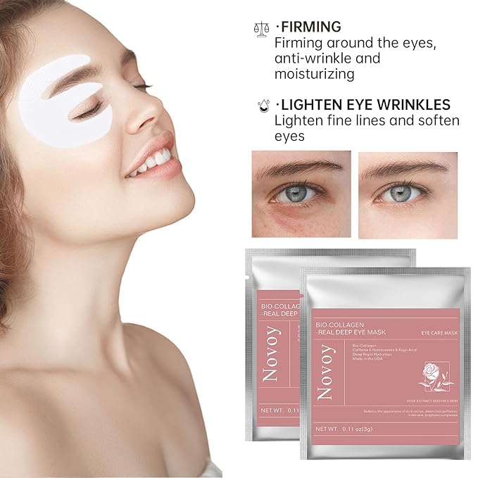Novoy 15 Pairs Bio-Collagen Real Deep Eye Patches - 6-in-1 Retinol Overnight Eye Patches for Dark Circles, Puffiness & Wrinkles | 2% Caffeine+Hyaluronic+Niacinamide, Korean Popular Eye Mask - ROSE