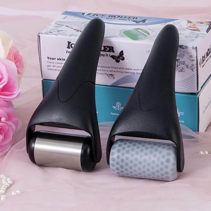 2 Pack Ice Roller for Face - Stainless Steel & Black Roller, Eye Puffiness Relief, Reduce Pain, Skin Care Face Massager Tools Self Care Gift for Men Women
