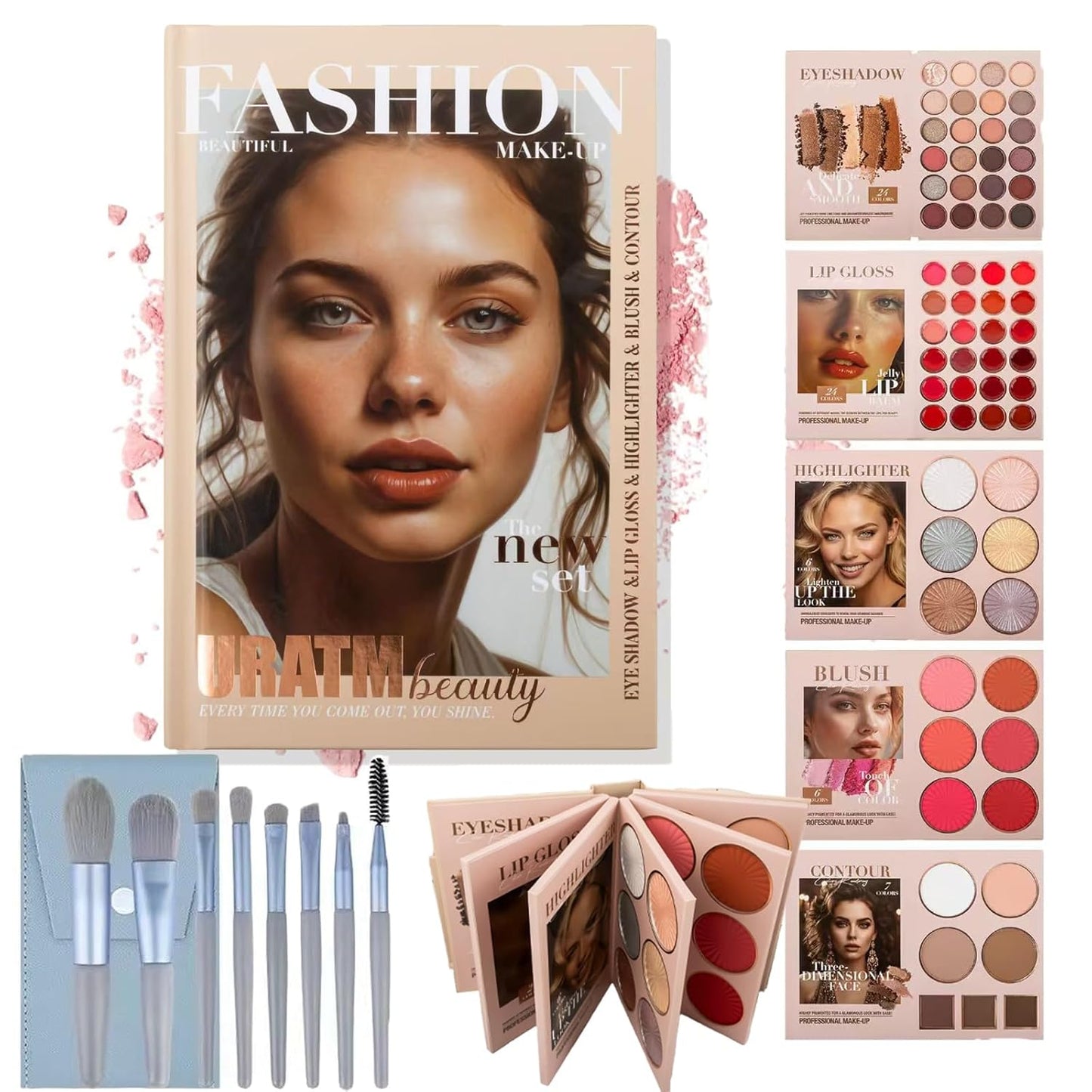 67 Pro Color Makeup Book Palette, 5-Layer Professional Kit with Eyeshadow Blush Highlighter Bronzer, Complete Portable Travel Makeup Set with 8 Brush Set (Makeup book+8 *blue makeup brush set)