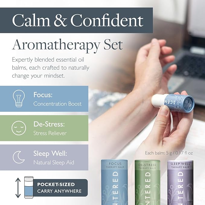 Scentered Aromatherapy Balm Gift Set - Calm & Confident - Pack of 3 Balms: Sleep Well, De-Stress, Focus - Rosemary, Cedarwood, Lavender Essential Oils - Aromatherapy Gifts for Women