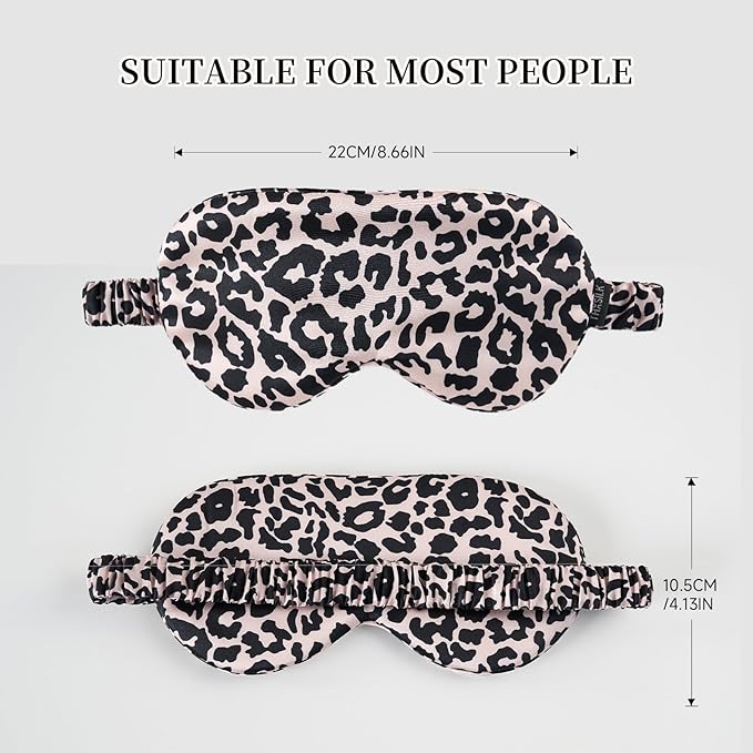 THXSILK Sleep Mask 100% 19 Momme Pure Mulberry Silk Super Smooth Cooling Decorative Sleep Eye Mask Blackout Eye Cover with Wide Head Strap, Leopard-Pink
