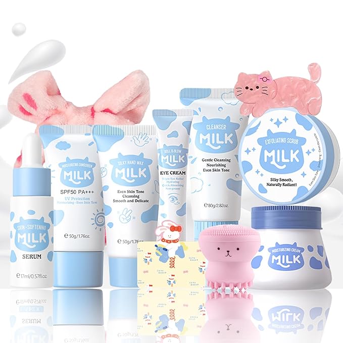 11 In 1 Milk Skincare Set for Women & Teens, Travel Skincare Set, Skincare Kits Milk Girls Gifts, Skin Care for Teens 10-12, Deep Moisturizing & Gentle Milk Teen Skin Care Kit for Women, Girls