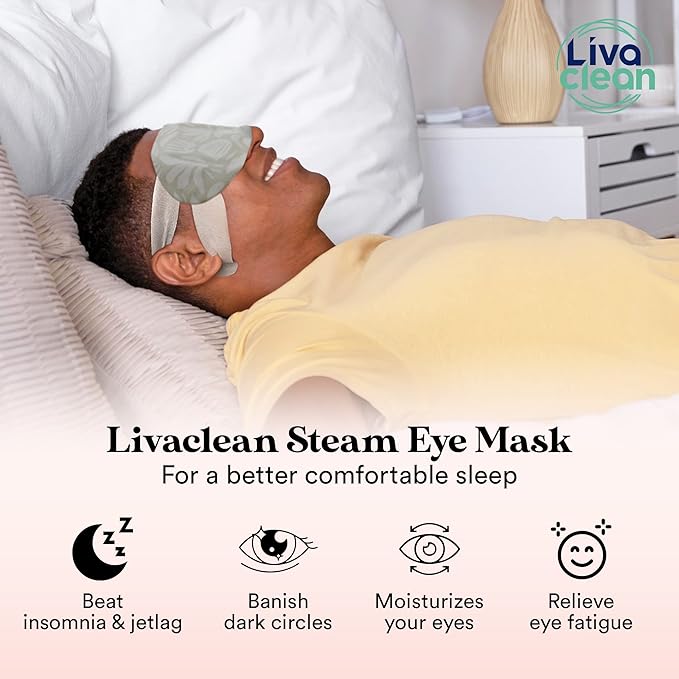 LivaClean 24 Steam Eye Mask for Dry Eyes, Dark Circles & Puffiness, Warm & Self Heating, Ear Hooks to Stay On, Lavendar, Chamile & Unscented, Disposable