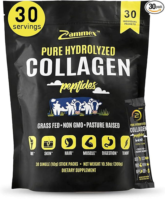 Premium Collagen Peptides Powder, 30 Sticks Travel Packets(Type I, III), Unflavored Collagen Protein Powder to Go, Hydrolyzed Collagen Peptides for Skin Hair Nail Joint, 10g per Serving, Paleo & Keto