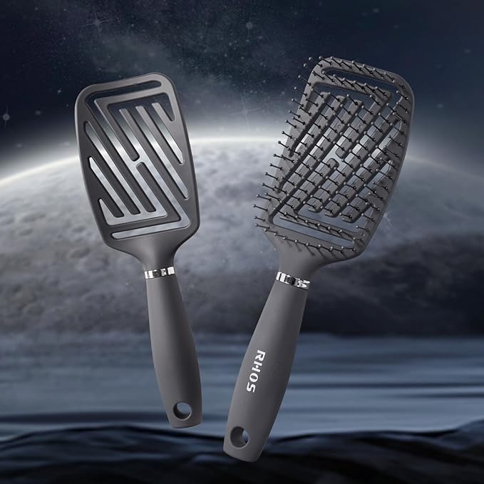 RHOS Curved Vented Detangling Hair Brush for Men, Faster Blow Drying/Styling,Paddle Vent Detangler Brush for Short,Thin,Bangs,Wet&Dry Hair(Gray)