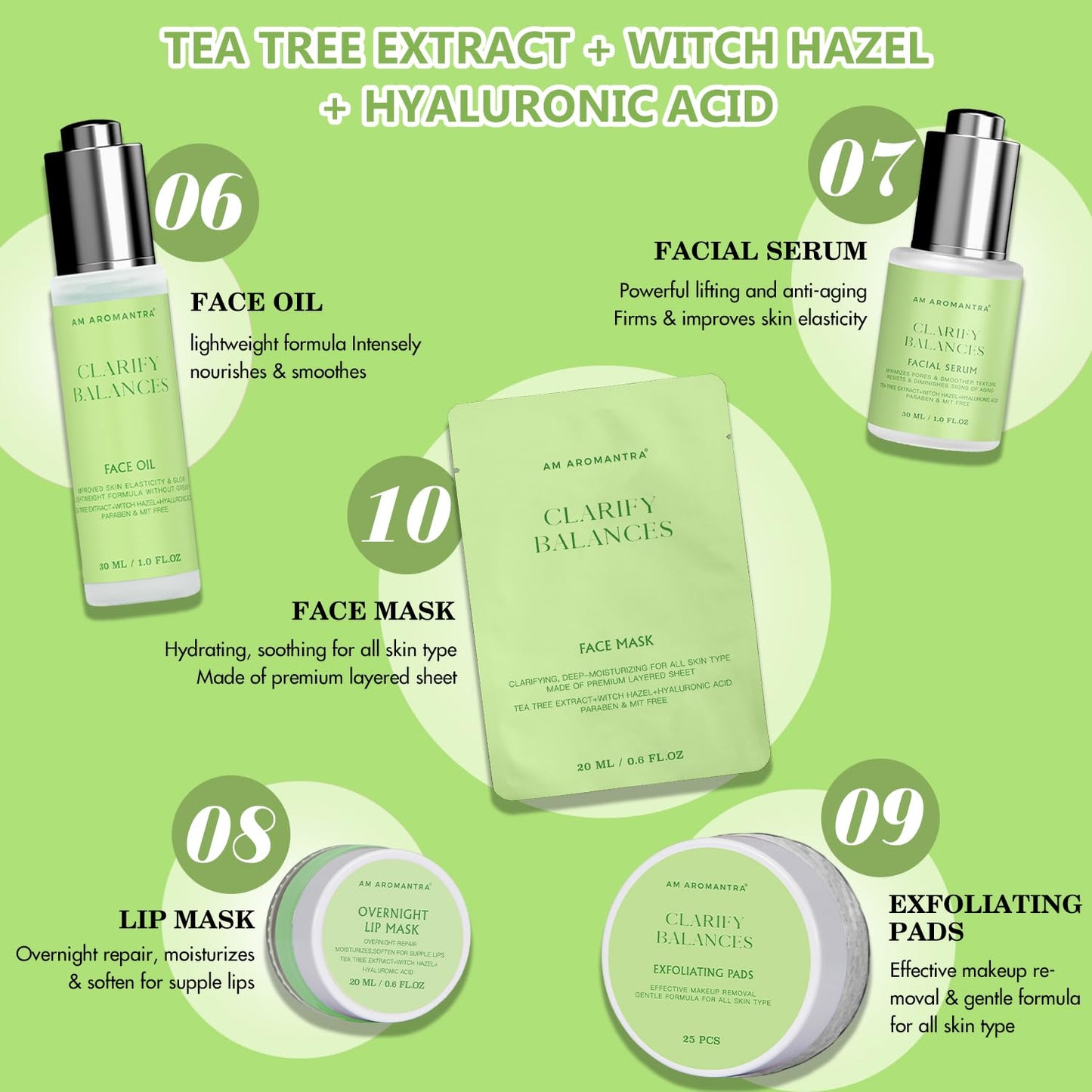 Tea Tree & Witch Hazel Extracts Skin Care Set with Hyaluronic Acid - Deep Cleanse, Balance Oils, Hydrating & Soothing Face Serum, Toner & Moisturizer - 10-Piece Kit Suitable for All Skin Types